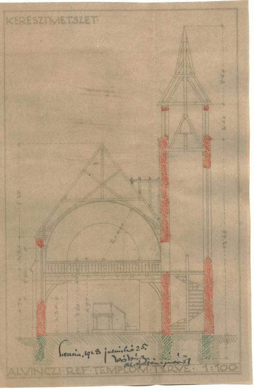 Az alvinci reformtus templom terve, 1928 (keresztmetszet)