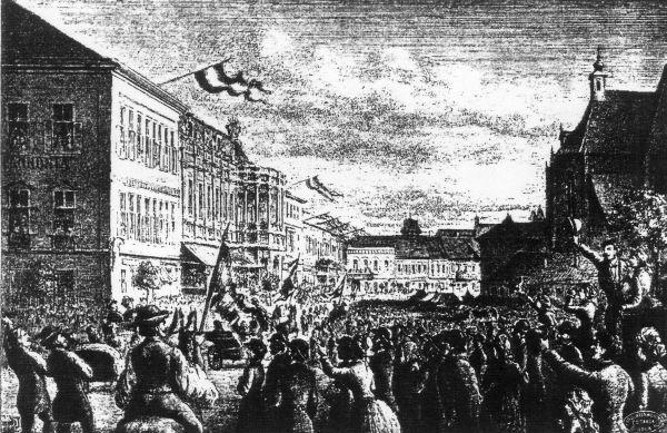 Kolozsvári alakuló közgyűlésre érkezettek bevonulása, 1885. augusztus 31-én a vasúttól a Mátyás király téren a városháza elé.